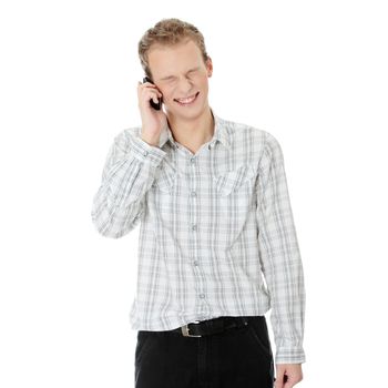 A handsome happy man using mobile phone, isolated on white