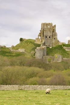 hilltop ruins of Corfe Castle in Dorset, England