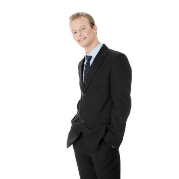 Happy young businessman standing, isoalted on white background