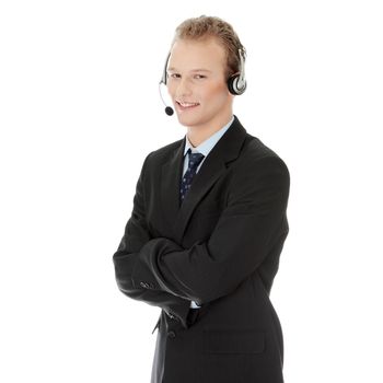 Charming customer service representative with headset on isolated on white background