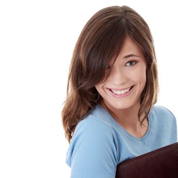 Happy student girl, isolated on white