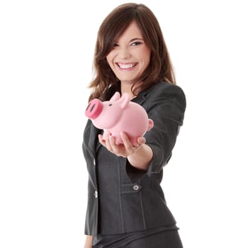 Young beautiful woman standing with piggy bank (money box), isolated on white background