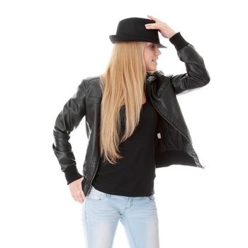 Young female dancer in black hat, isolated on white background