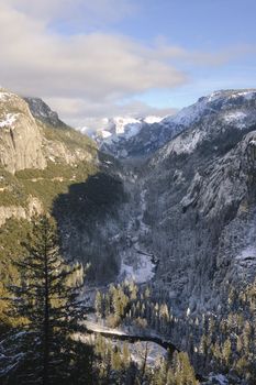 yosemite valley and the Merced river in California during winter