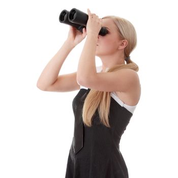 Businesswoman with binocular - shocked, isolated on white