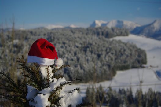 red santa claus hats in a snowy landscape