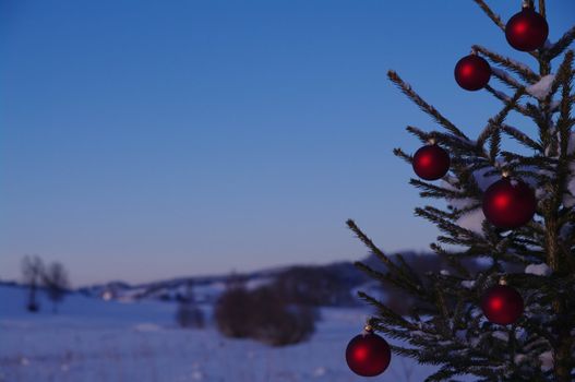 baubles  on a Christmas tree outside in a snowy landscape