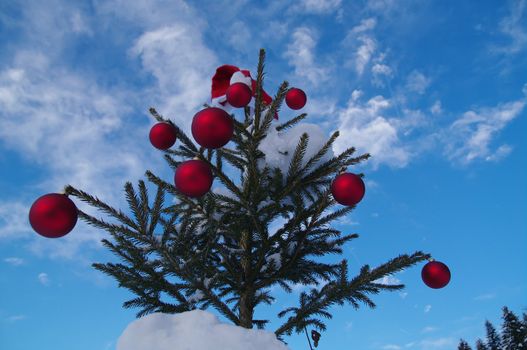 baubles  on a Christmas tree outside in a snowy landscape