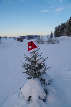 red santa claus hats in a snowy landscape