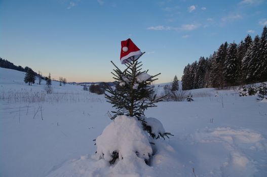 red santa claus hats in a snowy landscape