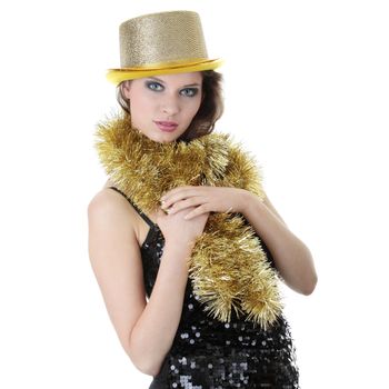 Young beautiful caucasian woman in black elegant party dress and gold hat