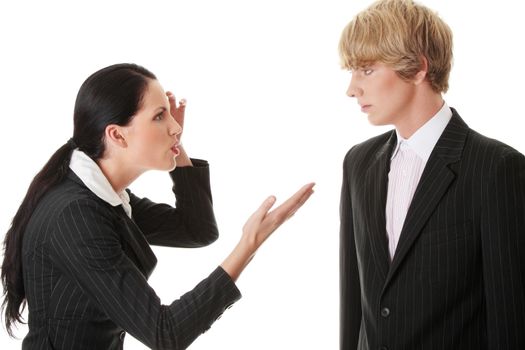 Work Colleagues arguing (woman shouting on man), isolated on white background