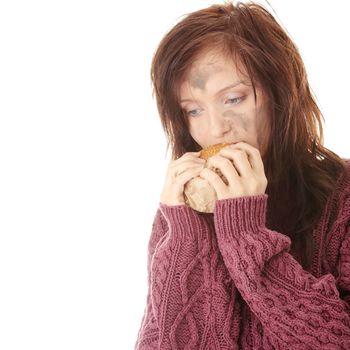 Young dirty caucasian woman with bread