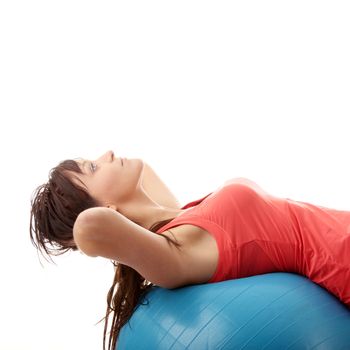 Young happy woman doing fitness exercise, isolated on white