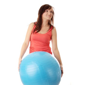 Young happy woman doing fitness exercise, isolated on white