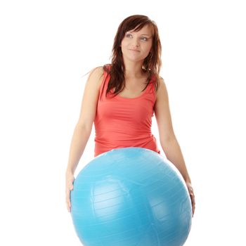 Young happy woman doing fitness exercise, isolated on white