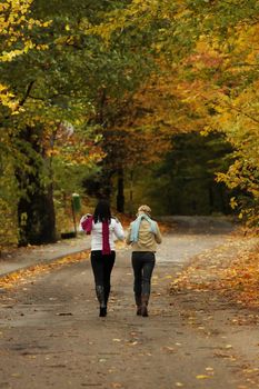 Two girlfriends goes for a walk in the autumnal park