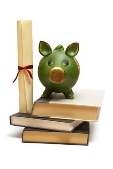 An isolated pig bank and diploma scroll represent educational finances.