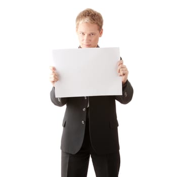 Young businessman holds blank signs. It is isolated on a white background