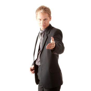 Business man ready to set a deal over white background