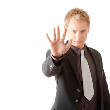 Business man pressing an abstract touchscreen button isolated