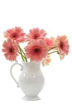 A bouquet of daisy gerberas in a beautiful pitcher vase