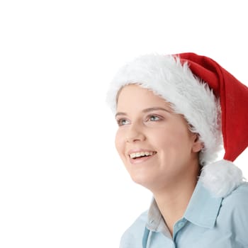 Young business woman in santa hat, isolated