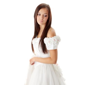 Young beautiful caucasian bride over white background