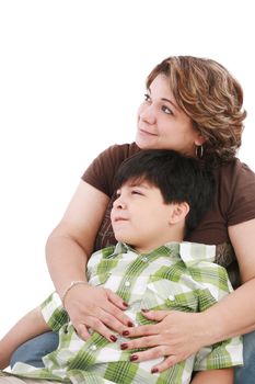 little boy looking something interesting to his mother against white background