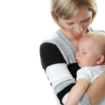 A mother and her tired cute baby boy isolated on white background