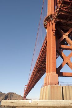 Golden Gate Bridge from below while passing past the South tower