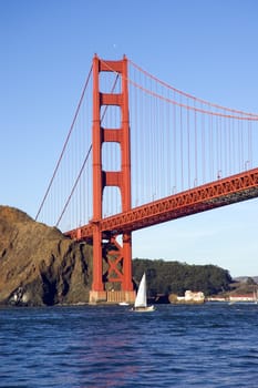Golden gate bridge from the Pacific oceanwith sail boats in the bay