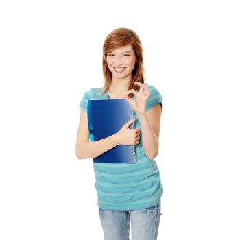 Isolated portrait of a beautiful young woman student gesturing perfect.