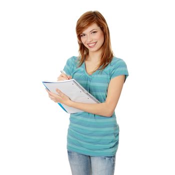 Happy student girl isolated on white background