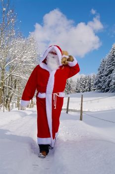 Santa Claus, Father Christmas in a beautiful winter landscape