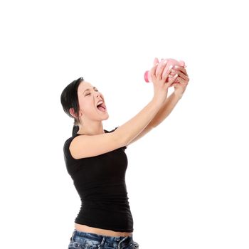 Savings concept - a woman with a piggy bank - isolated over white 