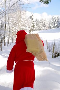 Santa Claus, Father Christmas in a beautiful winter landscape