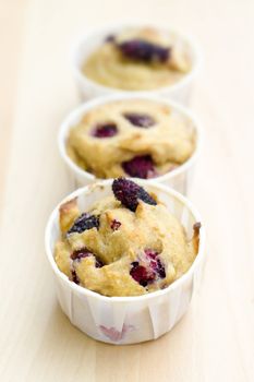 Row of delicious fresh baked mulberry muffins