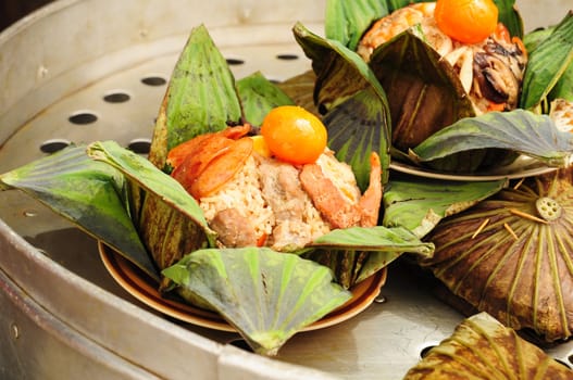 thai food, rice in lotus leaves