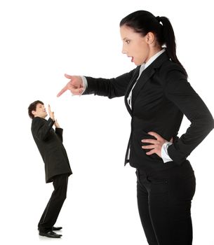 Businesswoman shouting on man, isolated on white background