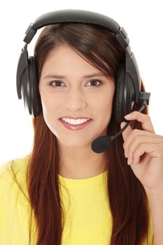 Teen girl with big headset (e-learning or gaming concept), isolated on white
