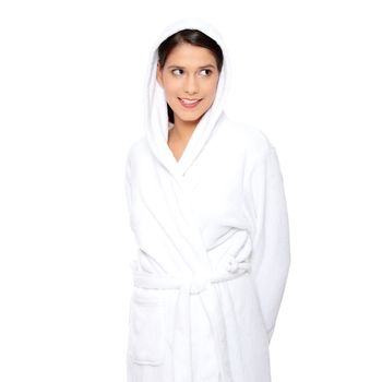 Young beautiful happy woman in bathrobe, isolated on white