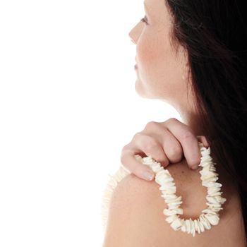 Summer young woman with sea shells, isolated on white background