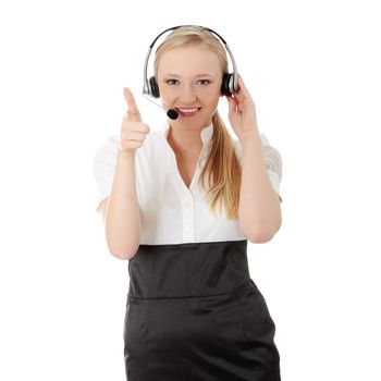 Call center woman with headset. Isolated on white