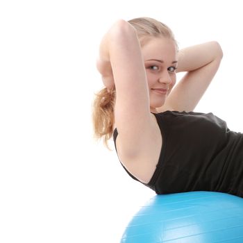 Young happy woman doing fitness exercise, isolated on white