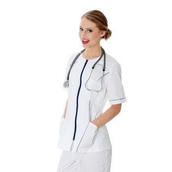 Female doctor or nurse, isolated on white