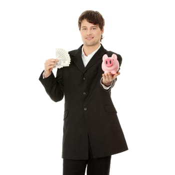 Young business holding piggy bank and dollars , isolated on white