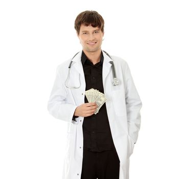 A handsome doctor with money. Isolated on white background