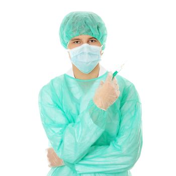 Handsome young doctor (surgeon) holding syringe, isolated on white background