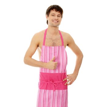 Naked man wering pink apron. Isolated on white.